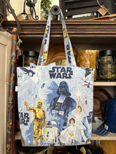 Load image into Gallery viewer, Blue + Gold SW - Upcycled Tote + Bow - PREORDER 7-10 BUSINESS DAYS