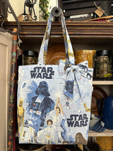 Load image into Gallery viewer, Blue + Gold SW - Upcycled Tote + Bow - PREORDER 7-10 BUSINESS DAYS
