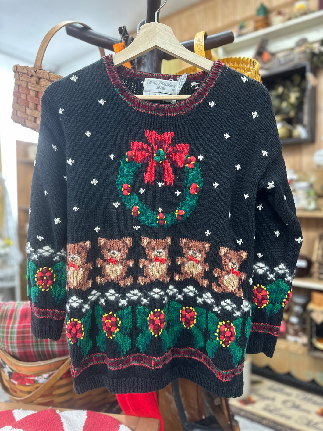 Teddy + Wreath - Petite Small - Vintage Holiday Sweater